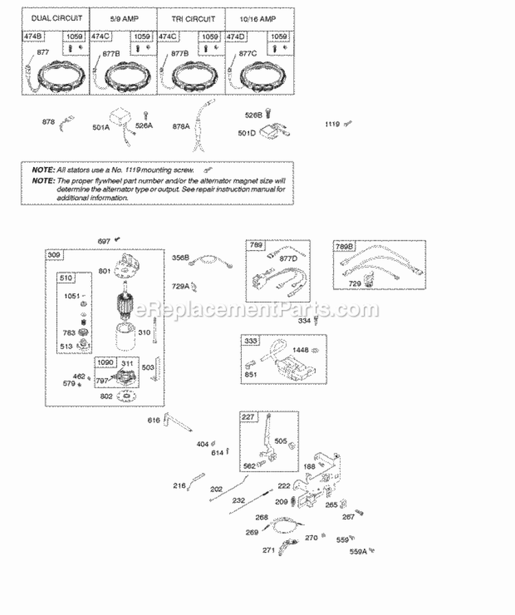 Alternator Controls Electric Starter Diagram and Parts List for  Briggs and Stratton Engine